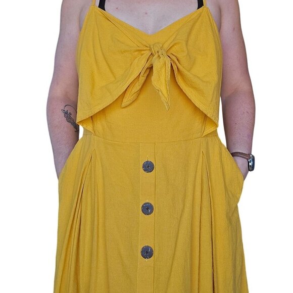 New Ana Mustard Yellow Cotton Linen Tie Front Midi Sundress Women's Size XXL - Picture 2 of 6